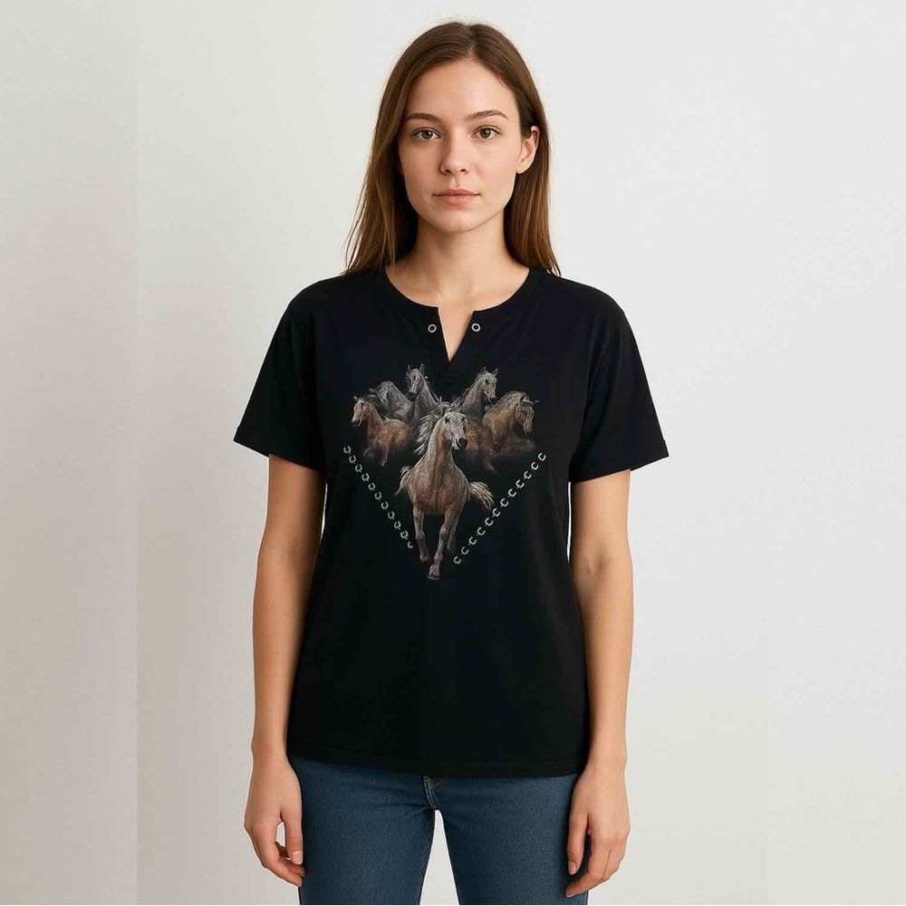 Sterling and Stitch Western Wild Horse Black Short Sleeve Distressed V Neck Tee